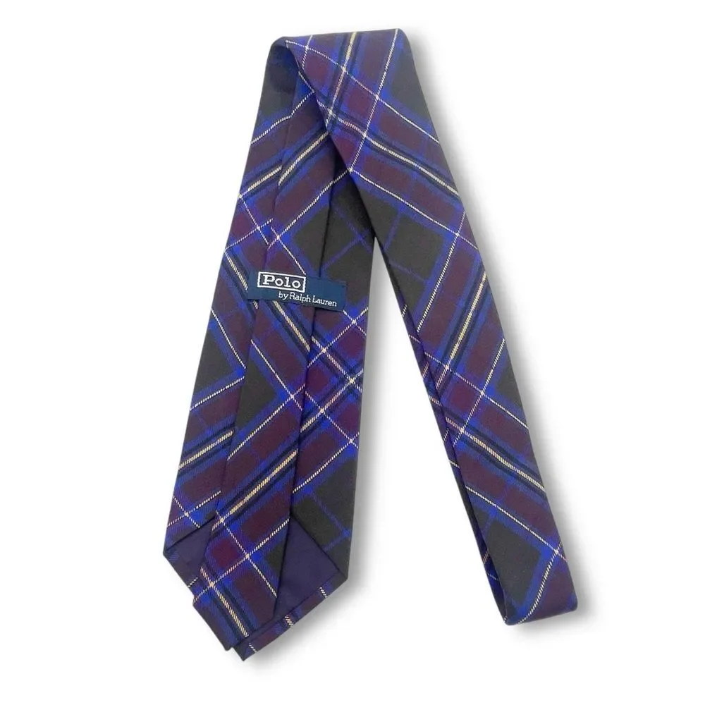 Polo Ralph Lauren Silk Tie Sporty Prep Navy Plum Black Plaid Classic Necktie